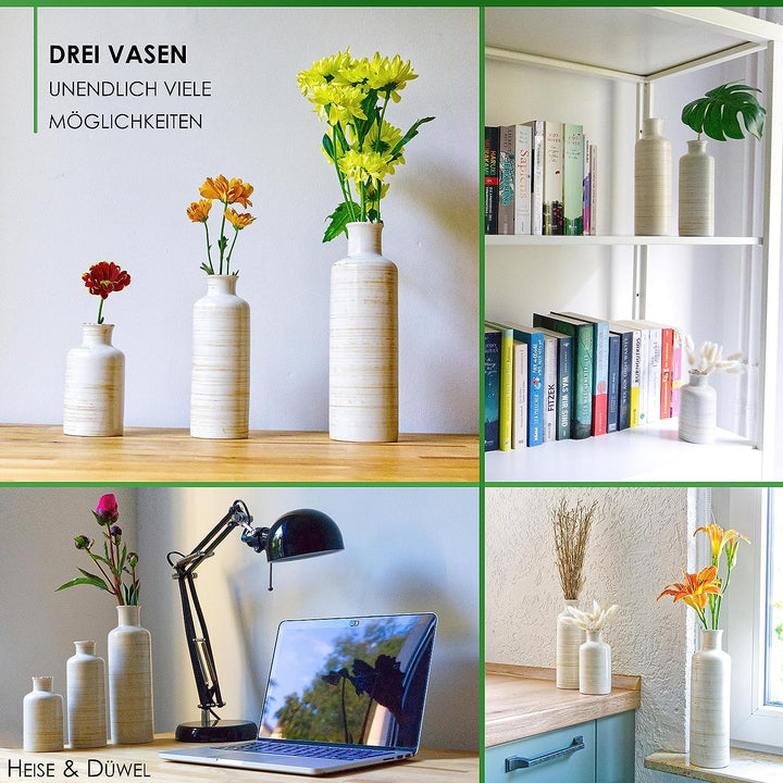 Heise &amp; Düwel | 3er Vasen Set | Rustikaler Stil | Boho Vase Beige | Blumenvase Modern | Kleine Vasen
