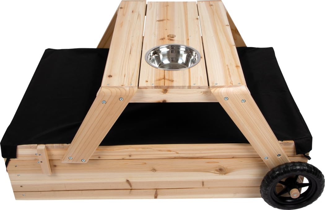 Small Foot Sandkasten mit Sitzgruppe und Matschtisch aus Holz, 3-in-1 Sandkiste zum Zusammenschieben