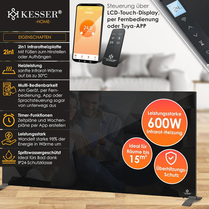 KESSER® Infrarotheizung 600W Glaskonvektor Glasheizung Energiesparend 2in1 Standgerät & Wandmontage