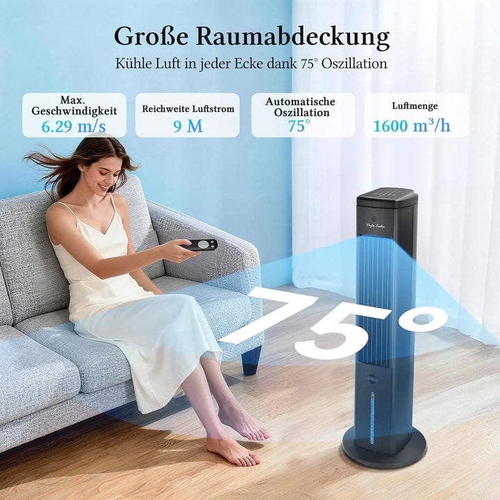 Taylor Swoden Turmventilator mit Wasserkühlung leise, 5-in-1 Luftkühler mit ION-Technologie & Aromad