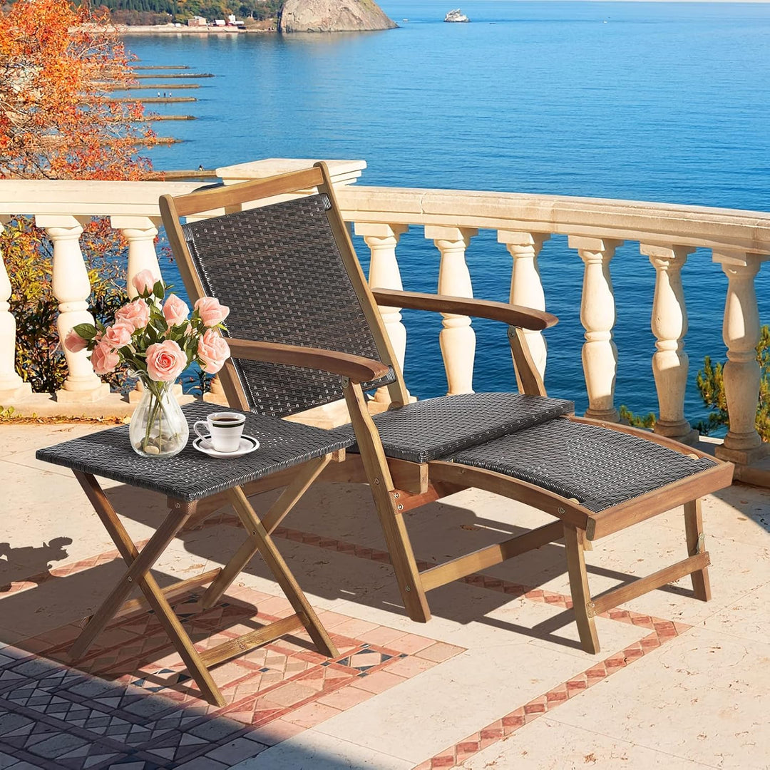 GIANTEX 2 in 1 Sonnenliege Rattan, Holz Liegestuhl Klappbar, Holzliegen Outdoor mit Beistelltisch, A