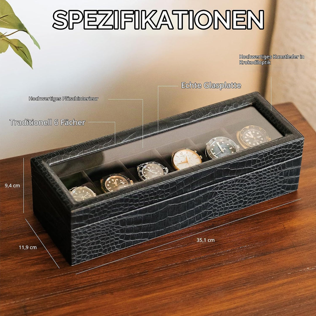 CASE ELEGANCE Uhrenschatulle in Elegantem, Schwarzem, Kunst-Krokodilleder mit Echtem Glas Gator, Gat