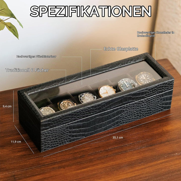 CASE ELEGANCE Uhrenschatulle in Elegantem, Schwarzem, Kunst-Krokodilleder mit Echtem Glas Gator, Gat