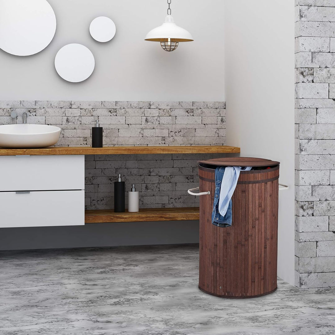 Relaxdays Wäschekorb Bambus, runder Wäschesammler mit Klappdeckel, 65 l, faltbare Wäschetonne, rund