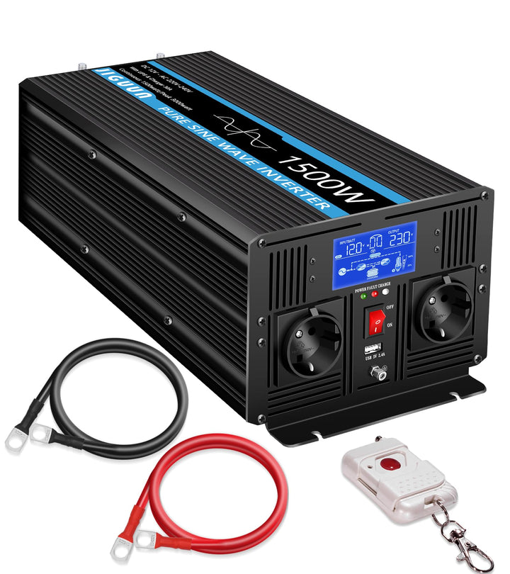 JIGUUN 1500W 3000W Wechselrichter Reiner Sinus Spannungswandler 12V 230V Mit 30A-Ladegerät und Netzv