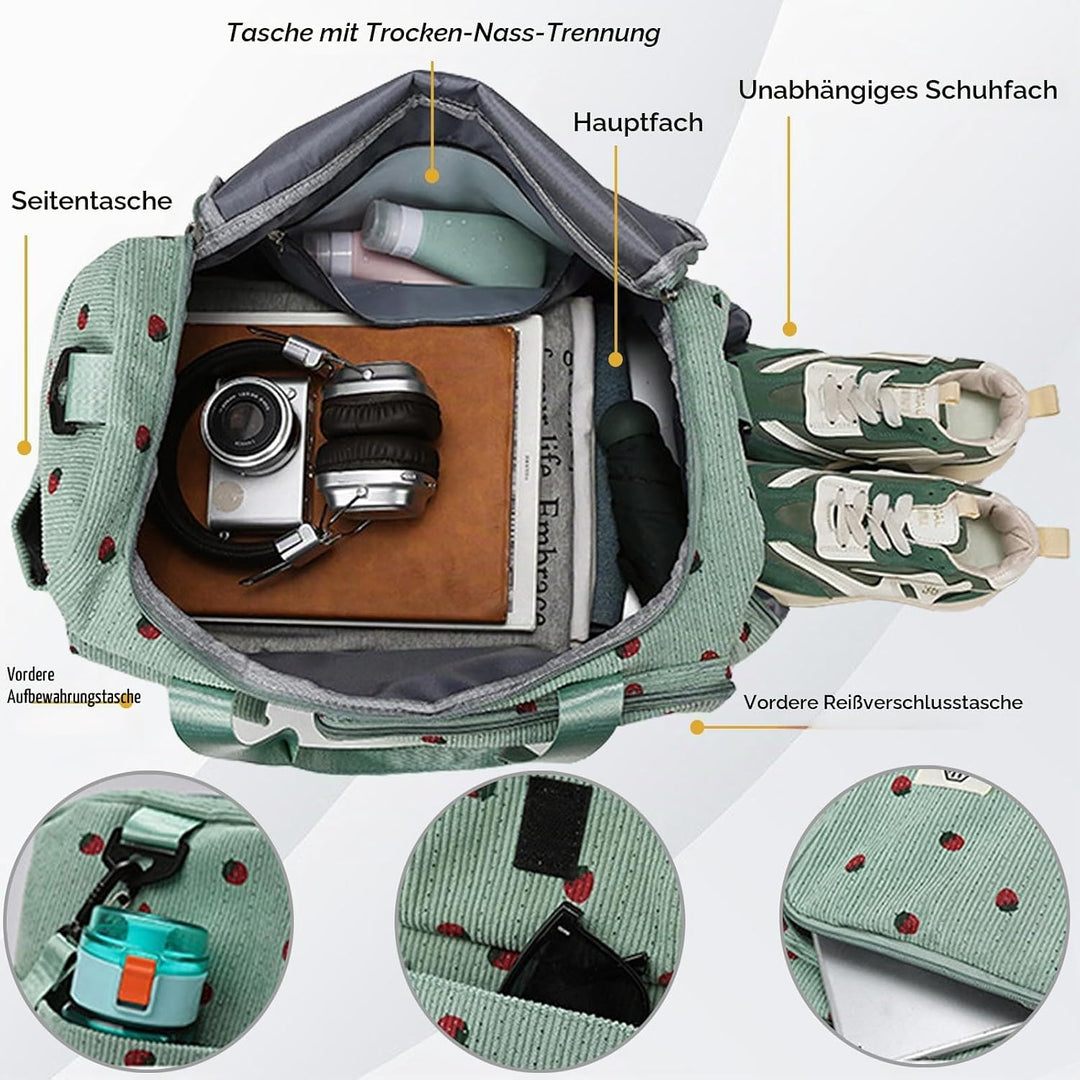Reisetasche Damen, Sporttasche Damen mit Schuhfach, Nassfach and Kleine Geldbörse, Cord Schwimmtasch