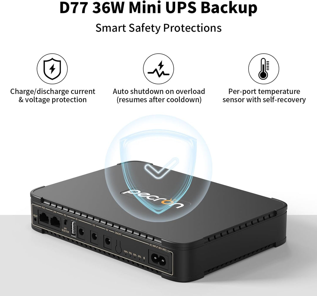 Pecron D77 DC UPS Battery Backup, 76.96Wh Small UPS for WiFi Router/Modem/Security Camera/Phone, Uni
