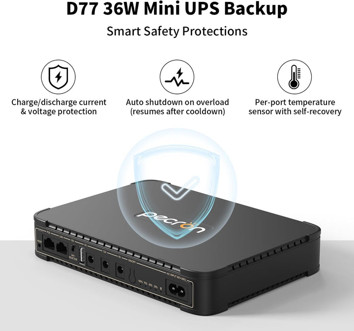 Pecron D77 DC UPS Battery Backup, 76.96Wh Small UPS for WiFi Router/Modem/Security Camera/Phone, Uni