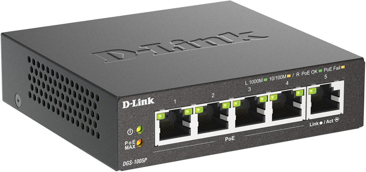 D-Link DGS-1005P, 5-Port Unmanaged PoE+ Gigabit Switch (4 x 10/100/1000 Mbit/s BaseT PoE Port, 1 x 1