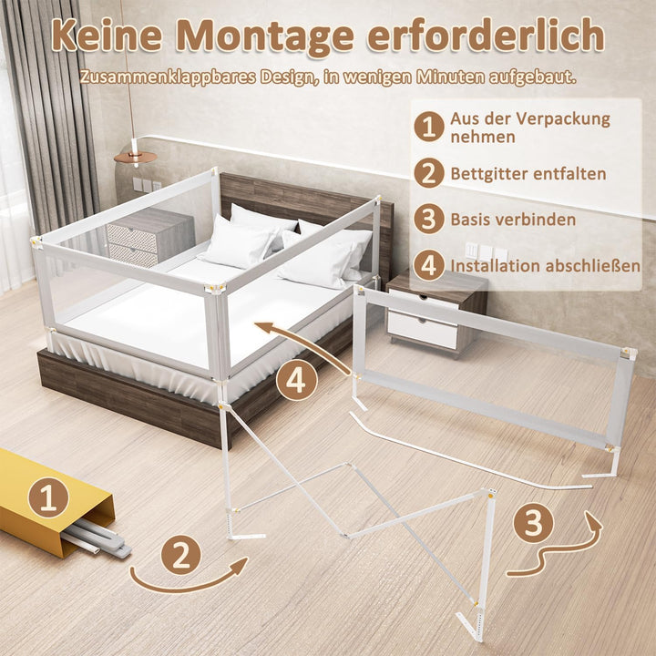 Ikodm Bettgitter Klappbar 200cm, Bettschutzgitter Höhenverstellbar von 68-95cm, Rausfallschutz Bett,