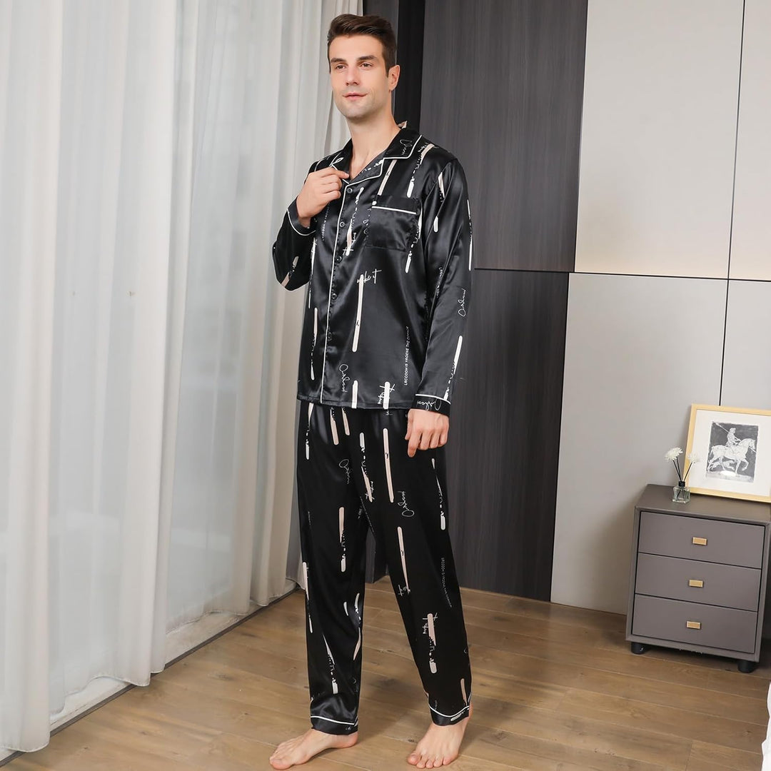 RuanMM Herren-Pyjama-Set aus seidigem Satin mit schwarzem Muster, Nachtwäsche mit Langen Ärmeln und