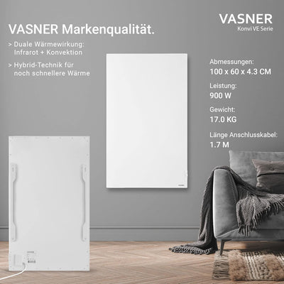 VASNER Konvi VE Hybridheizung vertikal – Hybrid Elektroheizung mit Thermostat, vertikales Design, 90