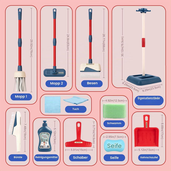 Jenilily Kinder Putzset, Besen mit langem Stiel, Kehrschaufel, Handfeger, Wischmopp Set mit Ständer