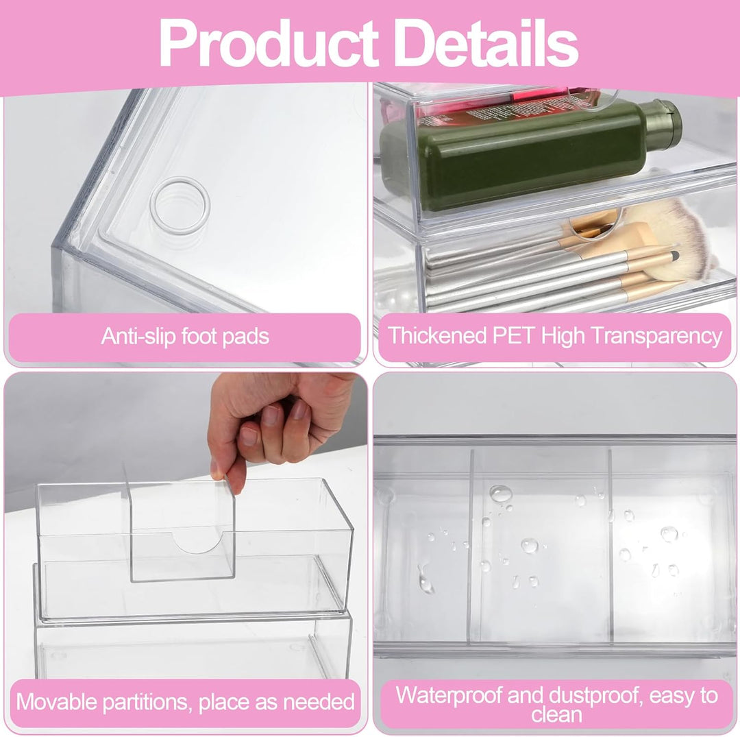 3 Stück Acryl Schubladen Schminktisch Organizer, Stapelbarer Badezimmer Make Up Organizer, Transpare