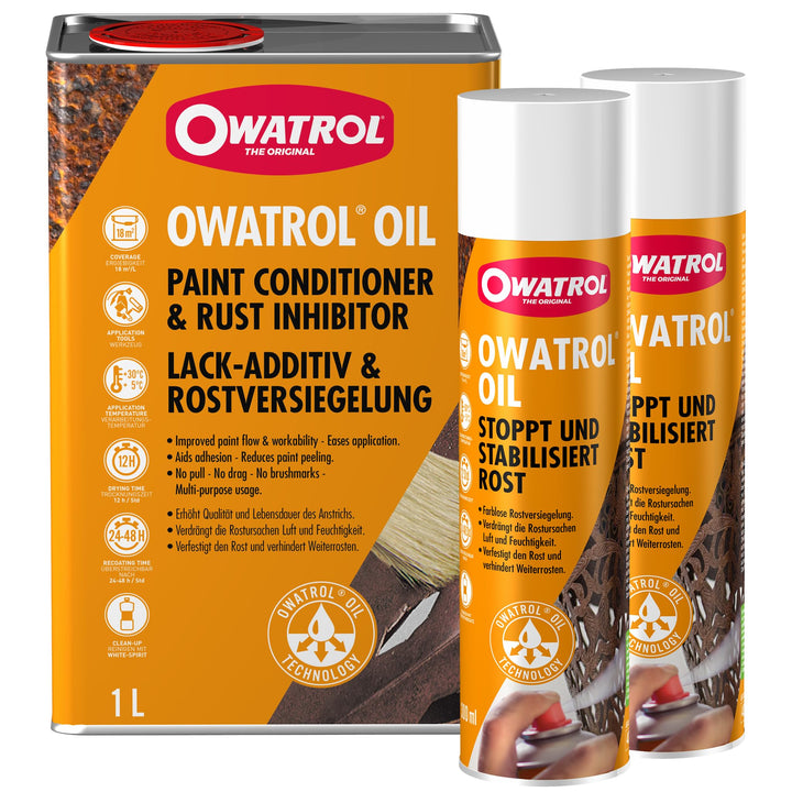OWATROL – OIL – Set – Farbloser Rostschutzlack (1 Liter) und -spray (2 x 300ml) – farblos – dringt e