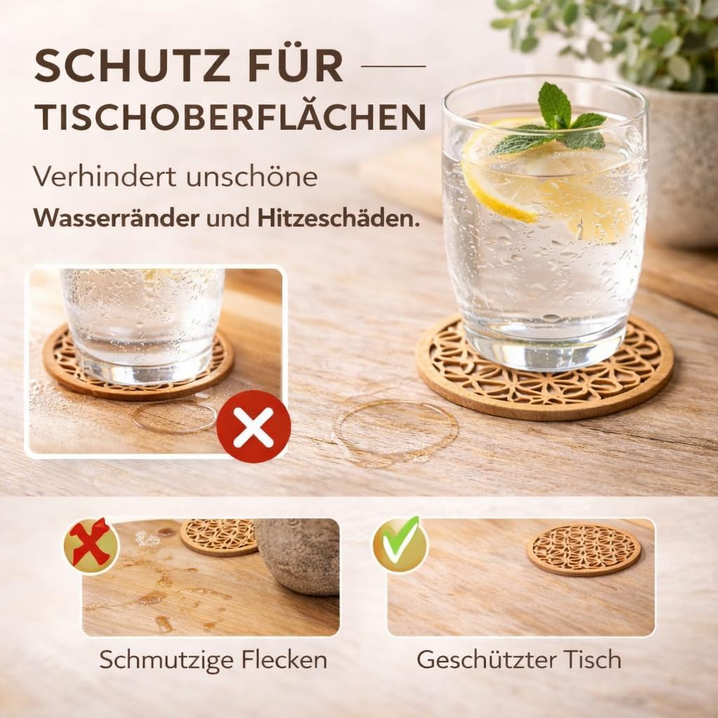 Blume des Lebens Untersetzer Holz - Untersetzer Gläser Set von 10 Stück 10x10cm für Getränke und Kaf