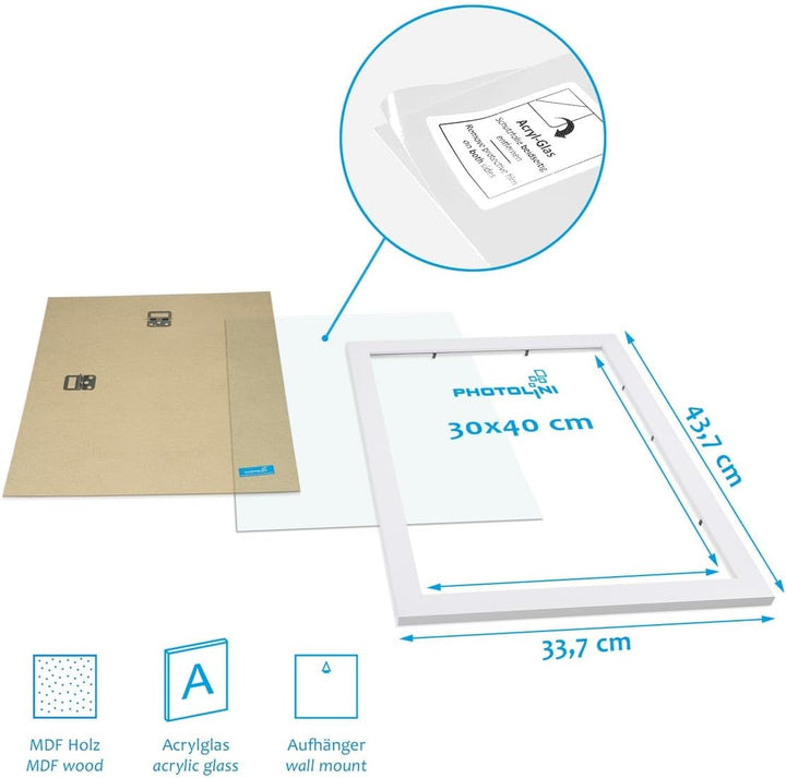 PHOTOLINI Bilderrahmen 30x40 Weiss 3er Set Holz MDF, breite Rahmen 30x40 weiss mit Acrylglas, pictur