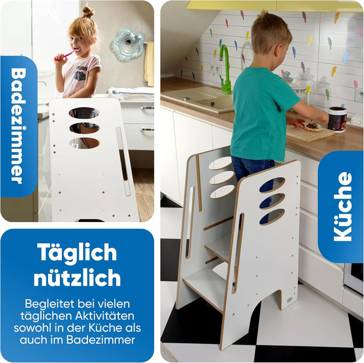 Kitchen Kids Helper Lernturm ab 1 Jahr - Höhenverstellbarer Lernturm Montessori Weiss 80cm - Sichere