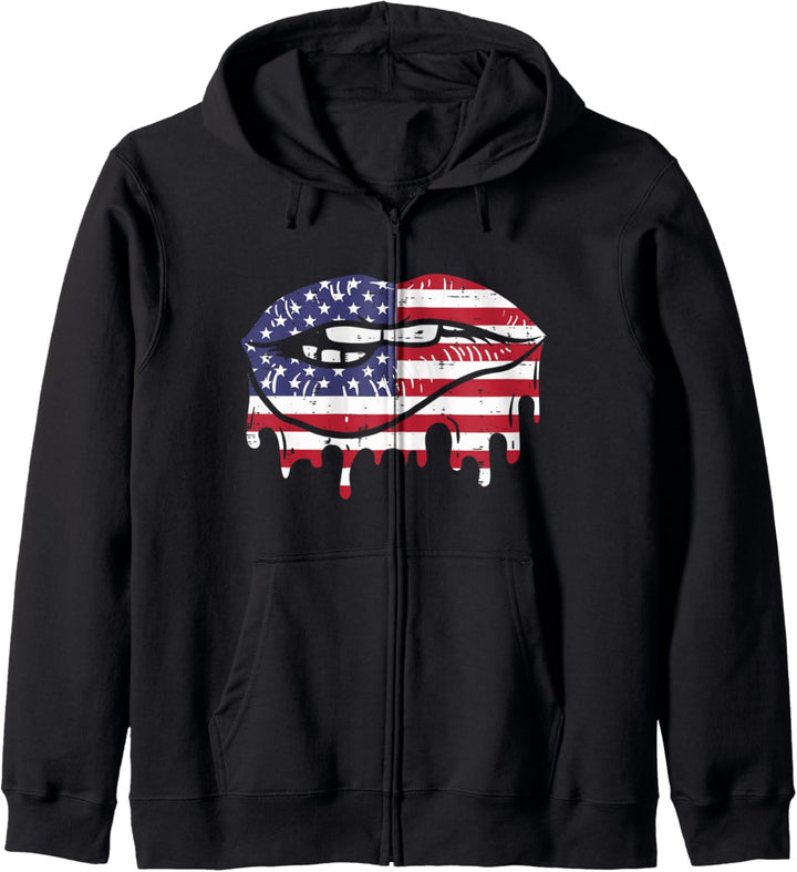 Dripping Lip Bite US American Flag 4th Of July Fourth Women Kapuzenjacke
