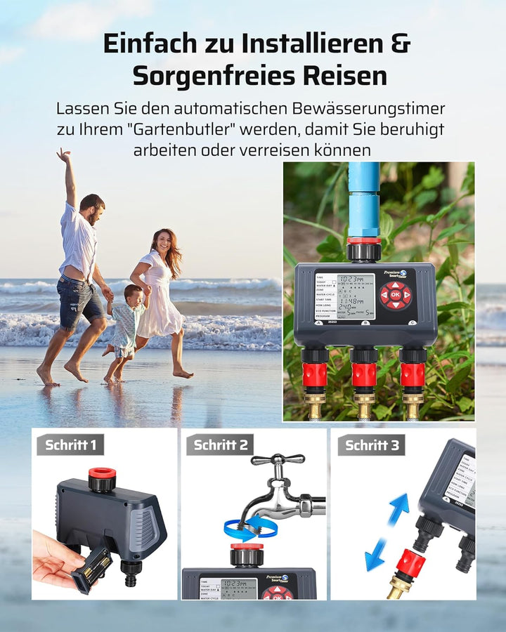 DEWENWILS Bewässerungscomputer 3 Ausgänge, Bewässerungsautomat 3/4 Zoll Anschluss, 4 Bewässerungen p