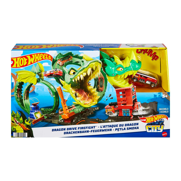 Hot Wheels City Drachenangriff Spielset, besiege den Drachen mit Stunts, lässt sich mit anderen Sets