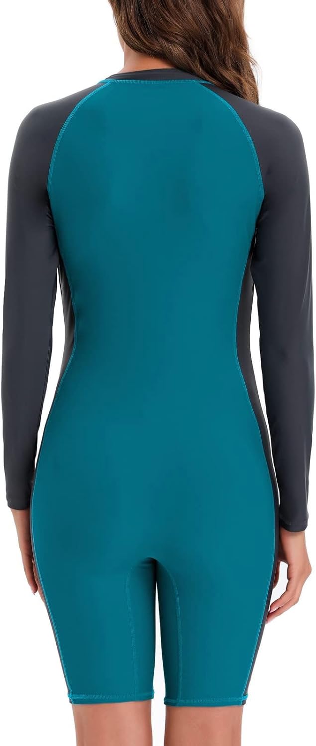 Halcurt Damen Langarm Badeanzug Schwimmanzug UV-Anzug UPF 50+ Reissverschluss Schutzkleidung L Pfaue
