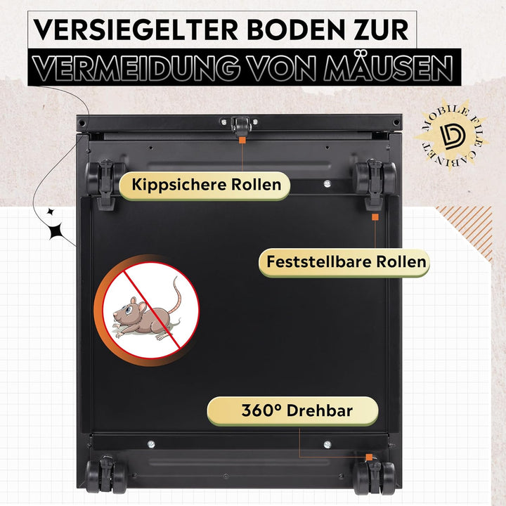 DEVAISE Rollcontainer mit 3 Schubladen, Metall Mobiler Aktenschrank mit Rollen, Druckertisch für DIN