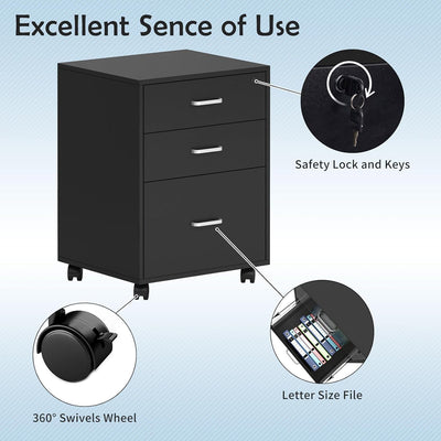 SogesHome Aktenschrank mit 3 Schubladen, Aktenschrank auf Rollen, mobiler Rollcontainer, Büroschrank