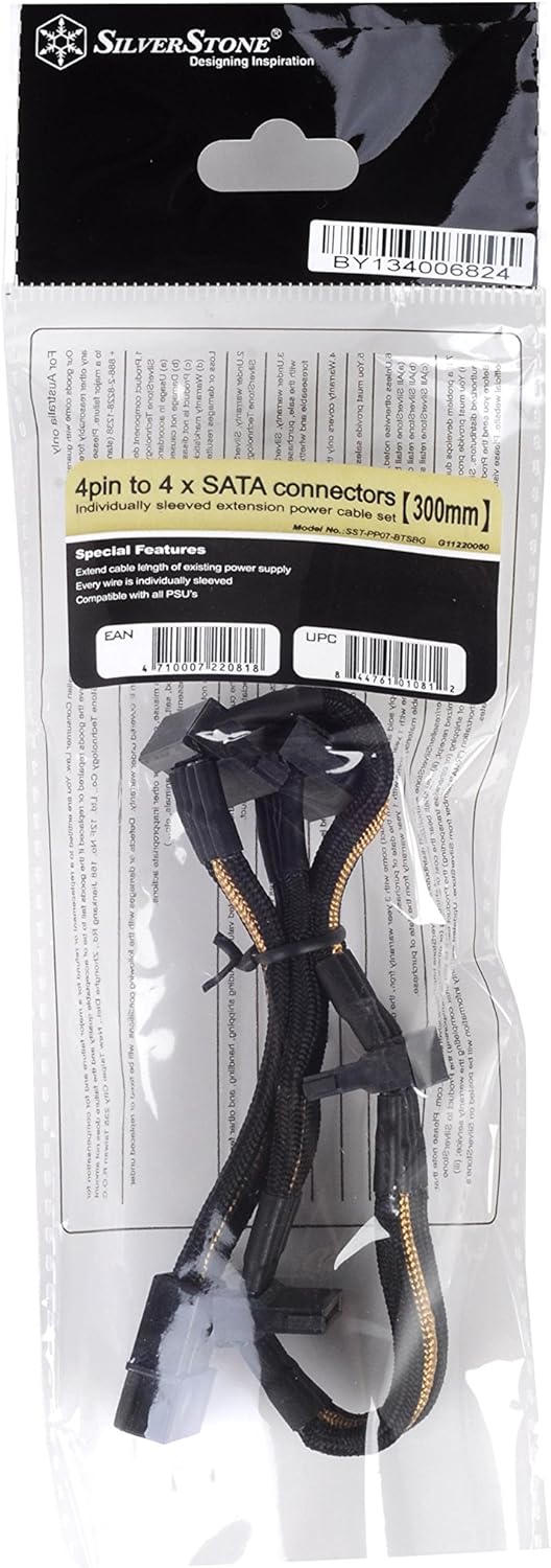 SilverStone SST-PP07-BTSBG - Netzteilverlängerungskabel 30cm Molex auf 4x SATA, schwarz/gold, SST-PP