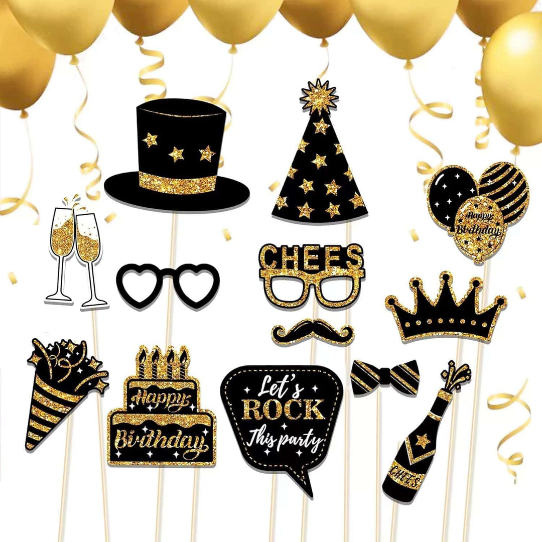 Foto Requisiten,36 Stück Fotobox Accessoires,Foto Verkleidung mit Sticks und Stickern,Schwarzes Gold
