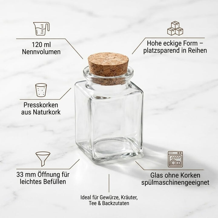 gouveo 12er Set Gewürzgläser 120 ml (0,12 l) Gewürzglas 120 ml hoch eckig mit Korken mit Presskorken