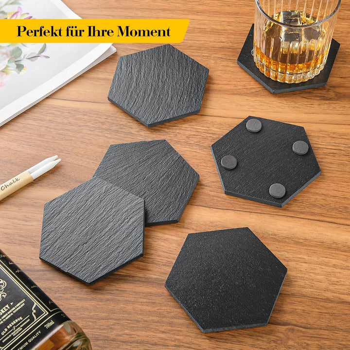 Schiefer Untersetzer für Gläser 8er Set, 11cm Sechseck Getränkeuntersetzer mit Halter, Glasuntersetz