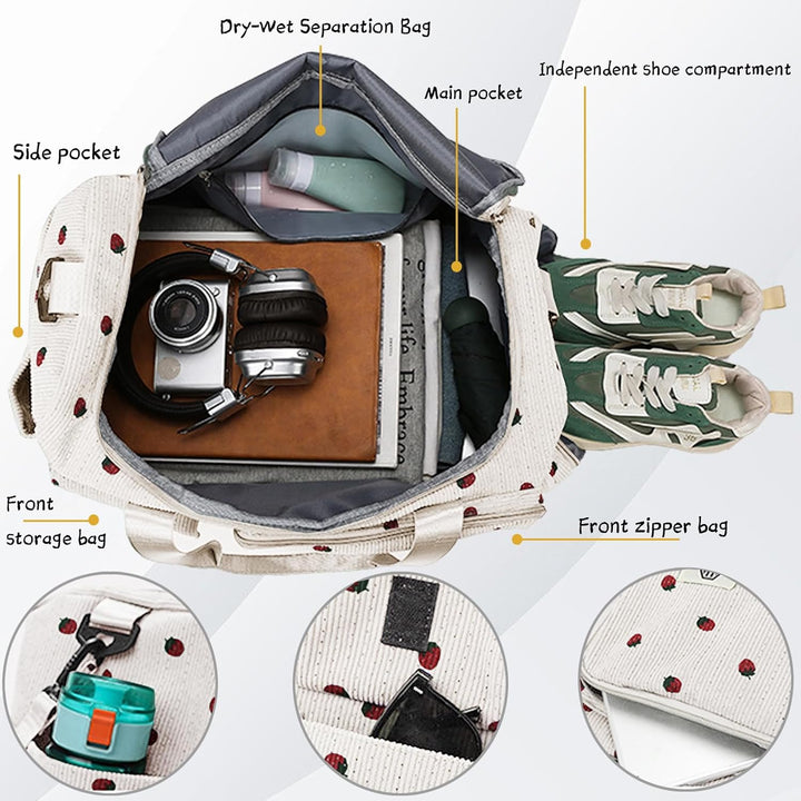 Reisetasche Damen, Sporttasche Damen mit Schuhfach, Nassfach and Kleine Geldbörse, Cord Schwimmtasch