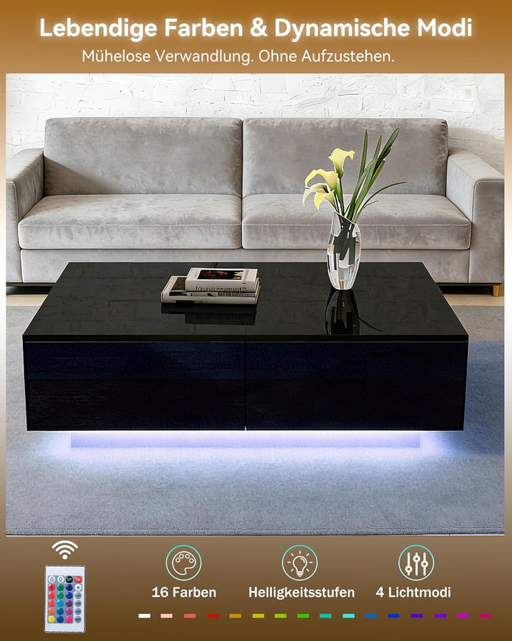 Couchtisch Schwarz Hochglanz mit 16 Farben LED, Dimmbare Beleuchtung, Moderner Wohnzimmertisch mit 4