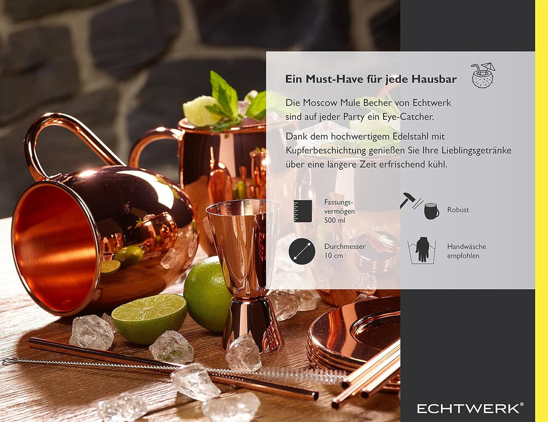 ECHTWERK Moscow Mule Kupferbecher 13er Set gefertigt aus Edelstahl bestehend aus 4x Kupferbecher 500