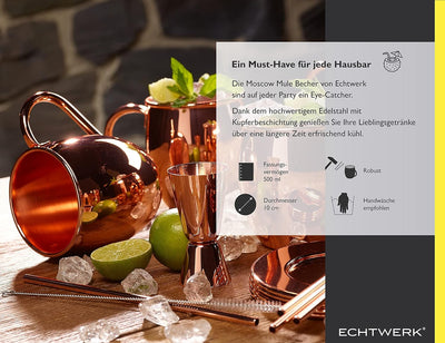 ECHTWERK Moscow Mule Kupferbecher 13er Set gefertigt aus Edelstahl bestehend aus 4x Kupferbecher 500
