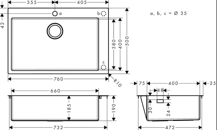 hansgrohe Küchenspüle, Einbau 660 mm für 800 mm Unterschrank, Chrom 80cm Unterschrank für 1-Loch Arm