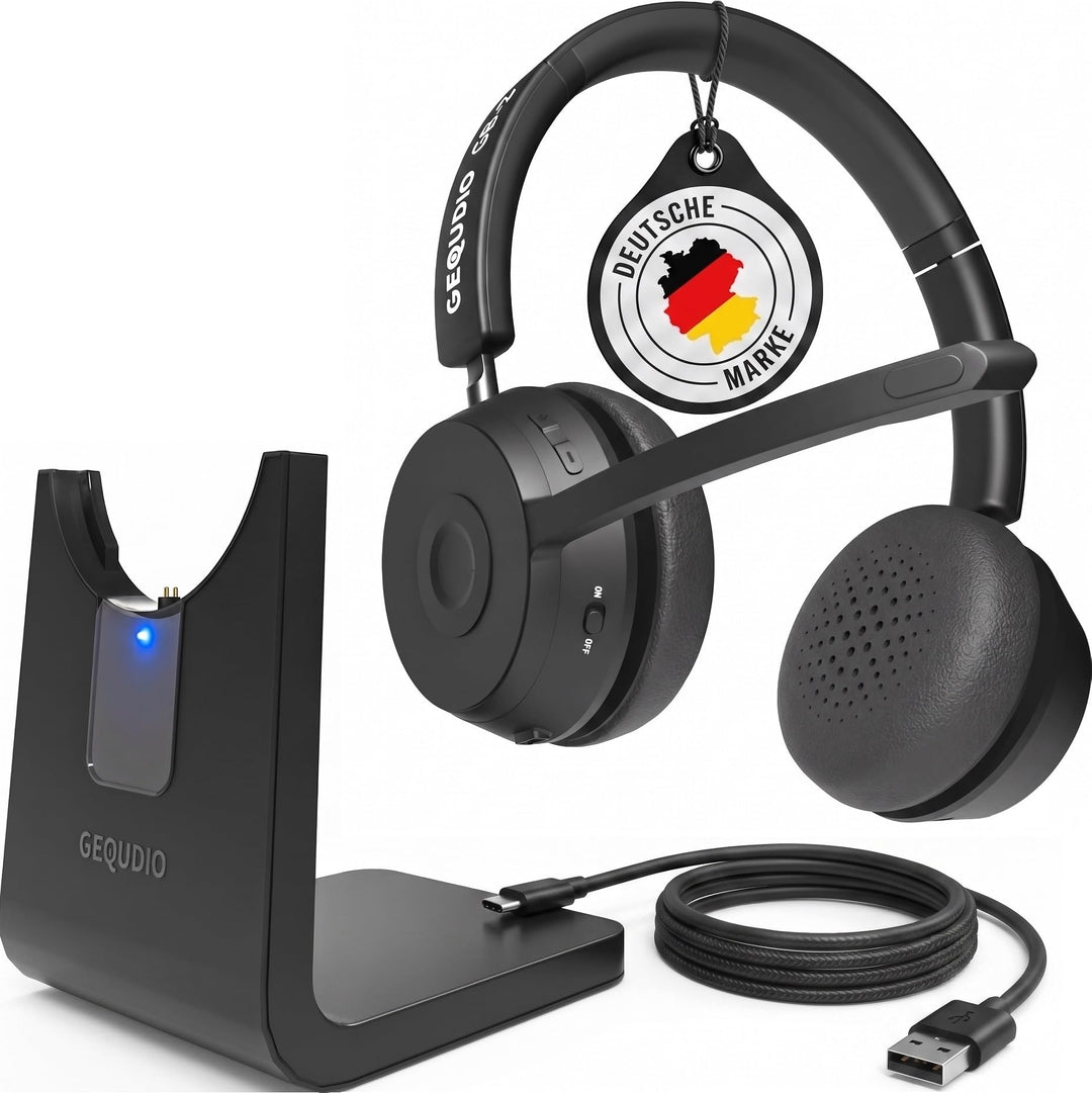 GEQUDIO Bluetooth Headset mit Mikrofon aus Berlin – kabellos Kopfhörer PC Mac Laptop – GB2+ Ladestat
