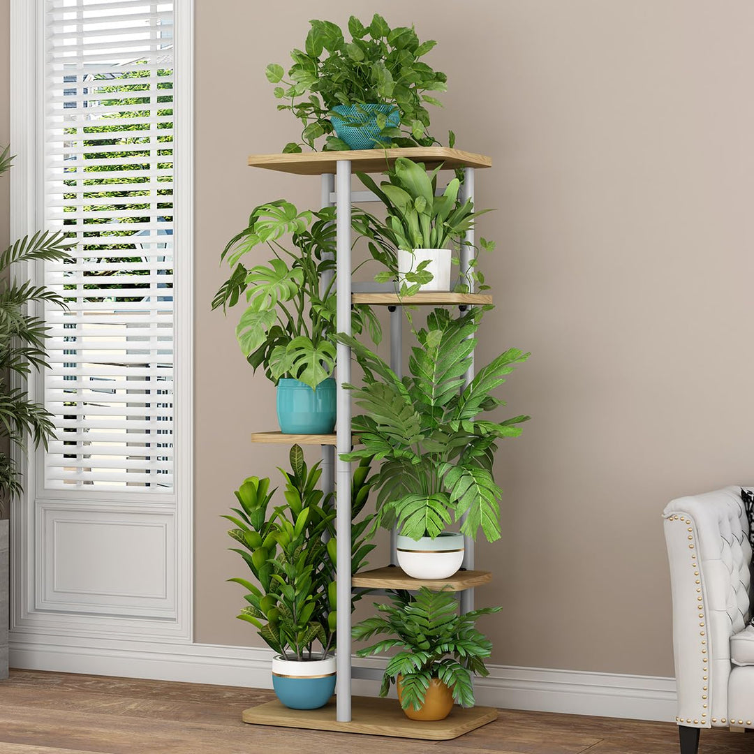 5 Tier Hölzern Blumenregal Metall Pflanzenregal, Mehrstöckig Blumenständer, Pflanzenständer Indoor O