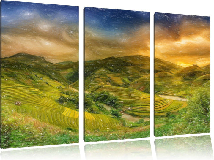 Pixxprint eine Berg Farm in Asien Kunst Buntstift Effekt als Leinwandbild 3 teilig/Grösse: 3 Teilig