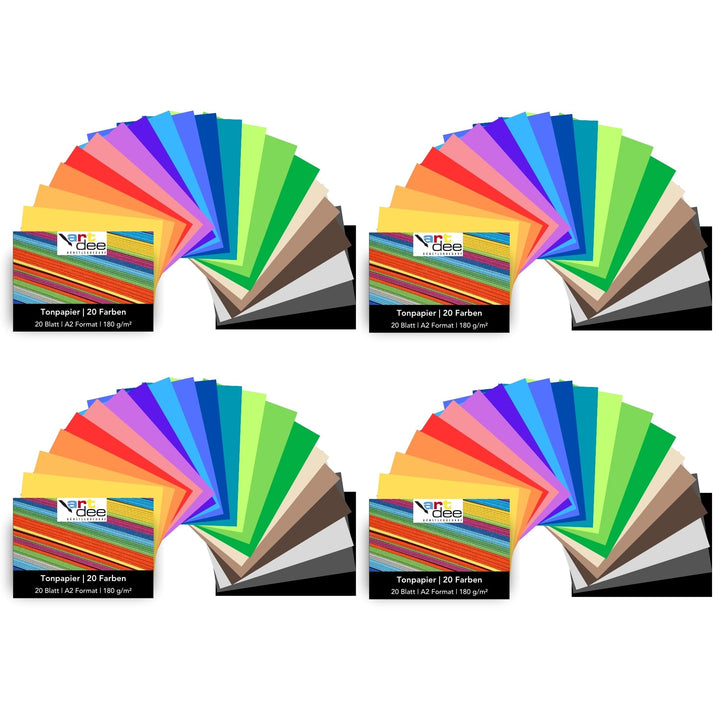 artdee® Tonpapier bunt in 20 verschiedenen Farben 180 g/m² – Bastelpapier Set (80 Blatt gemischt in