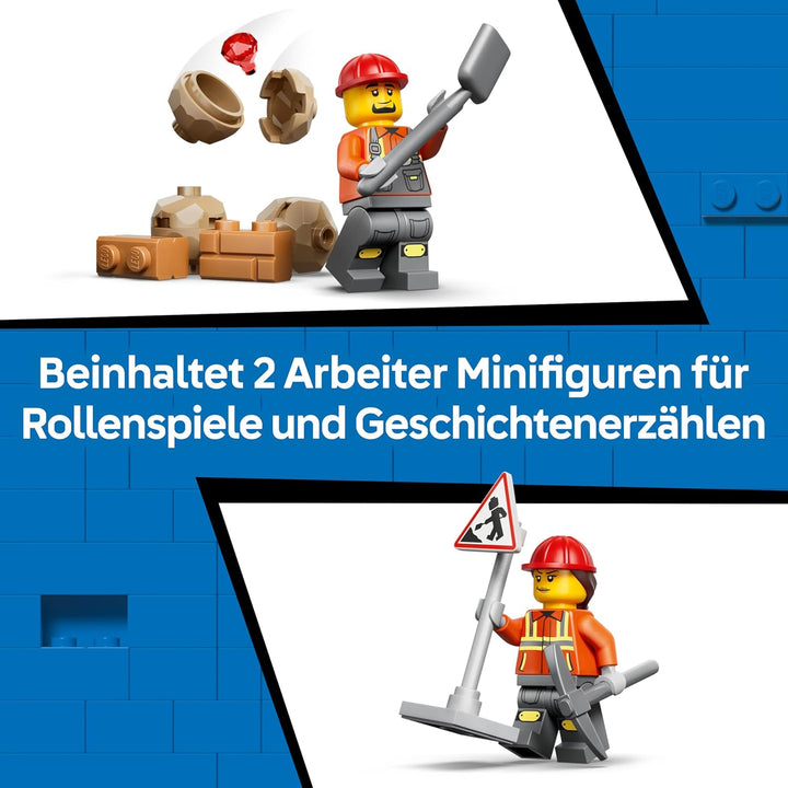 LEGO City Gelber Baggerlader - Baufahrzeug Spielzeug - Traktor mit 2 Minifiguren, funktionierender F