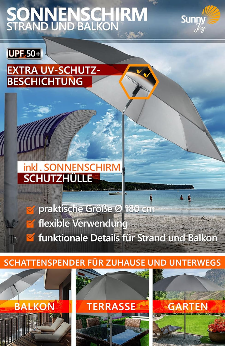 4smile Sonnenschirm Strand SunnyJoy Ø 180 cm, inkl. Hülle - UPF 50+ Strandschirm, Sonnenschirm Balko