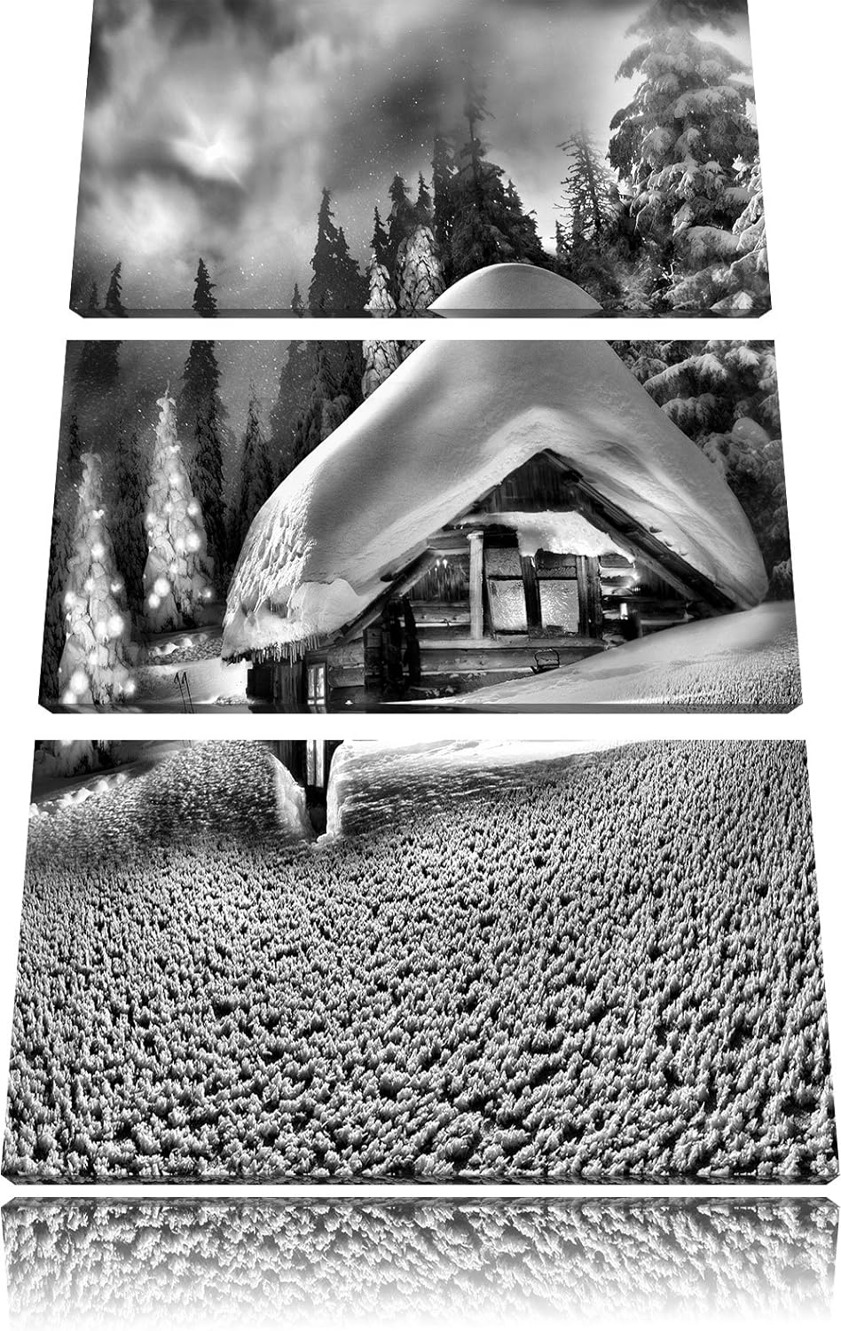 Pixxprint Hütte in Schneelandschaft als Leinwandbild/Grösse: 3 Teilig (120x80 cm) cm/Wandbild/Kunstd