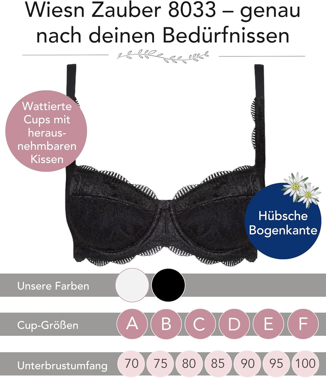 SUSA Wiesn-Zauber Dirndl BH I Bügel-Halbschalen BH mit floraler Spitze I Damen BH für ein atemberaub