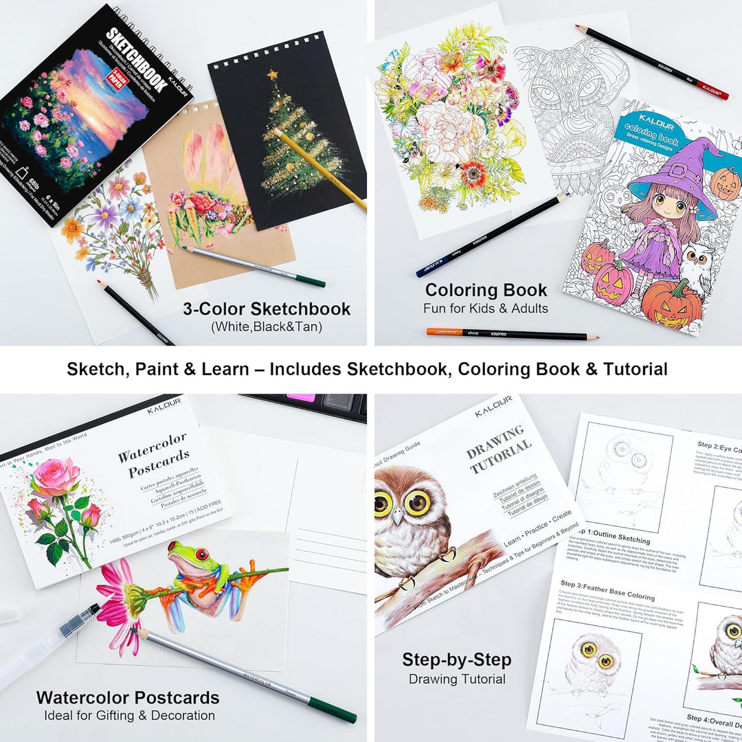 KALOUR Art Set, 140 Pieces Drawing and Painting Supplies, Colored Pencils, Watercolor, Sketchbook, C