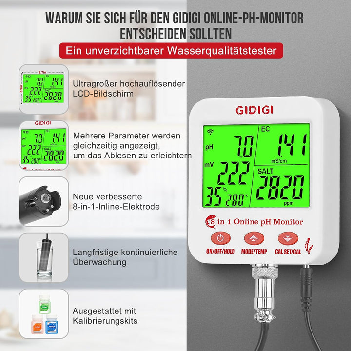 Online pH und Salzmessgerät für Aquarien mit WLAN Echtzeit pH und EC, 8-in-1 Aquarien pH Testkit, pH