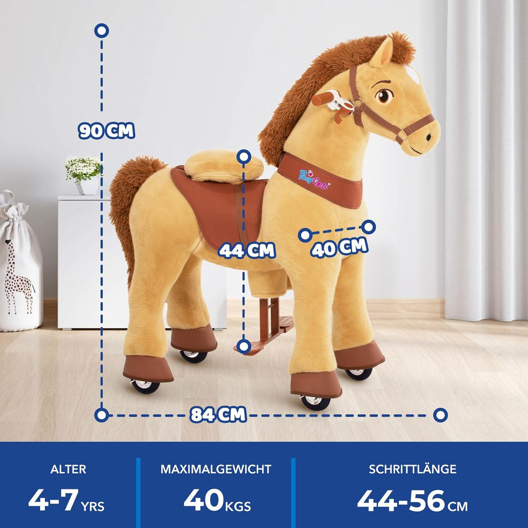 PonyCycle Reitpferd mit Rollen, für Kinder 4–7 Jahre, 90cm Hoch, Plüsch Reitpony mit Handbremse, Sch