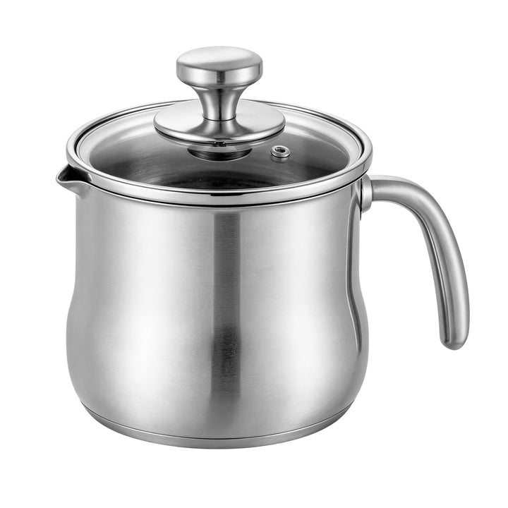 2L Milchtopf Edelstahl mit Glasdeckel und Ausgiesser, Kochtopf Induktion mit Griff, Simmertopf Puddi