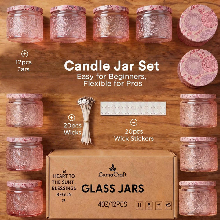 Candle Jar Luxus Relief Kerzengläser zum Kerzen giessen- 12er Pack Leere Glasgefässe mit Luftdichtem